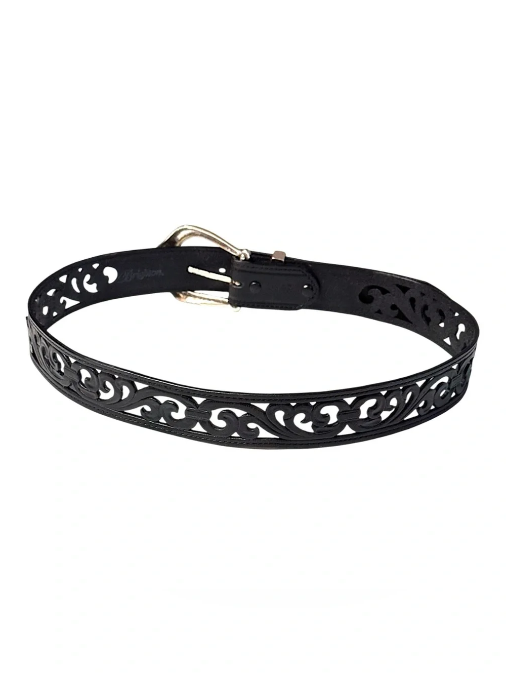 Brighton Black Pierced Leather Belt with Silver Western Buckle Sz L 34